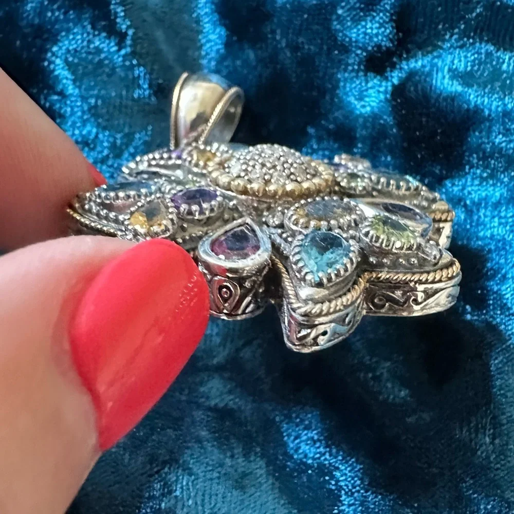 EFFY Sterling Silver and 18k Yellow Gold Multi Gemstone & Diamond Cross Pendant - Picture 4 of 12